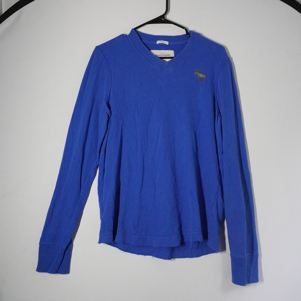 Abercrombie Fitch Y2K Blue Muscle V Neck Long Sleeve Sweater Moose Logo Size M‎